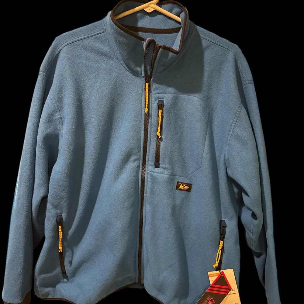 REI Sky Blue Varsity Jacket with Gold Accents - Picture 1 of 5